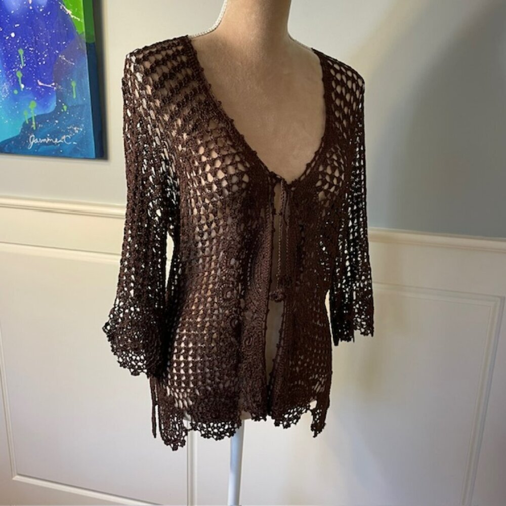 Vintage Y2k Fairy Cottagecore Crochet Knit Brown Sweater Cardigan OS - Picture 9 of 11